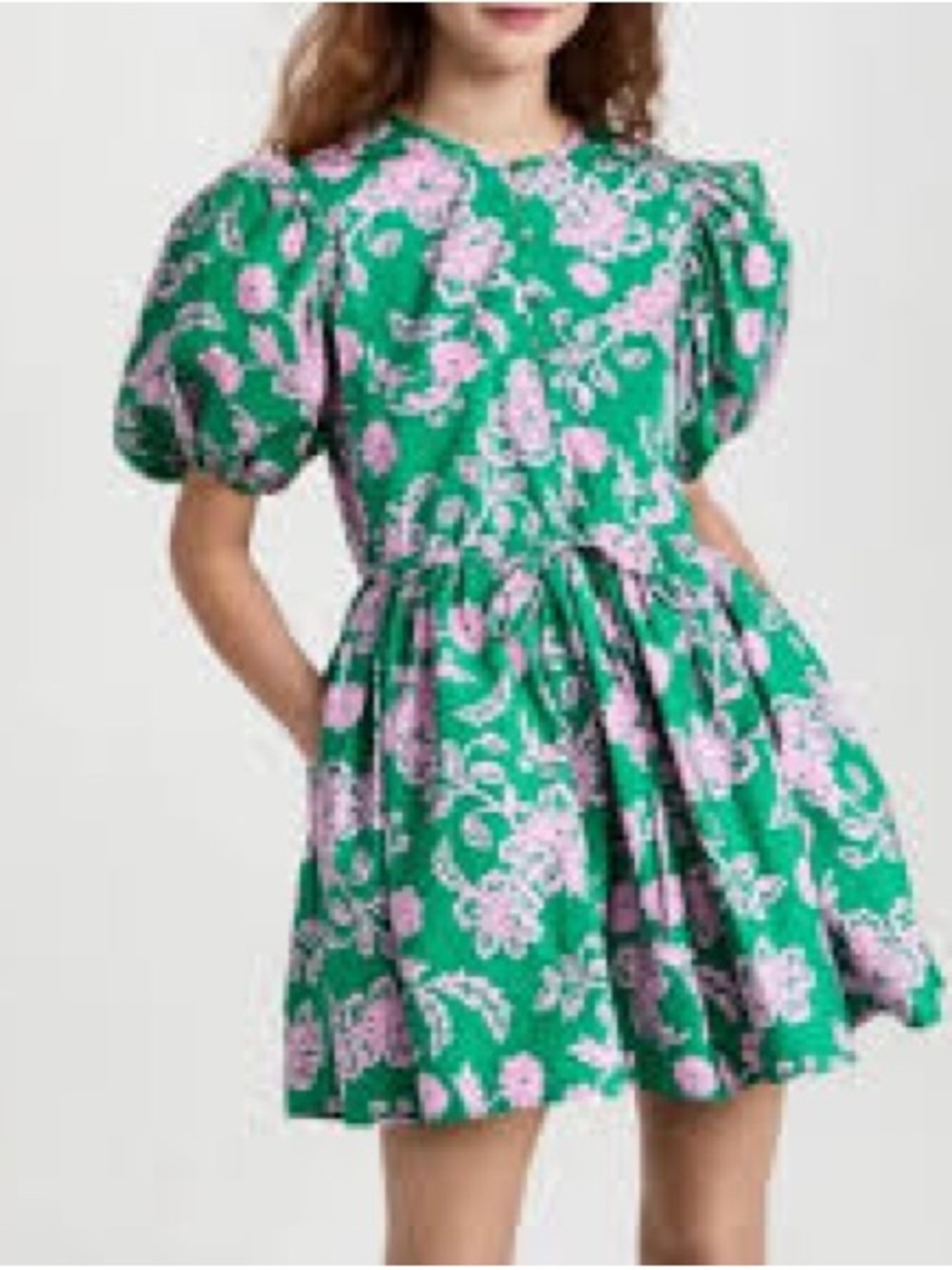 XiRENA Green Floral Puff-Sleeve Dress with Pink Blooms